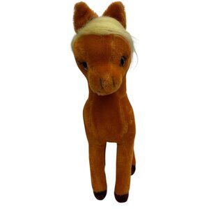VNTG BURNT ORANGE VELVETINE STUFFED HORSE YELLOW MAIN W/ RED BOW R DANKIN